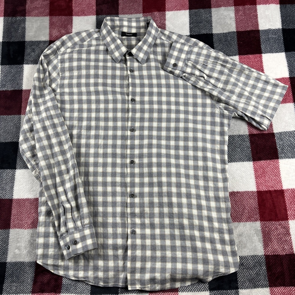 Theory Shirt Mens XL Gray Check Casual Preppy Button Up Long Sleeve